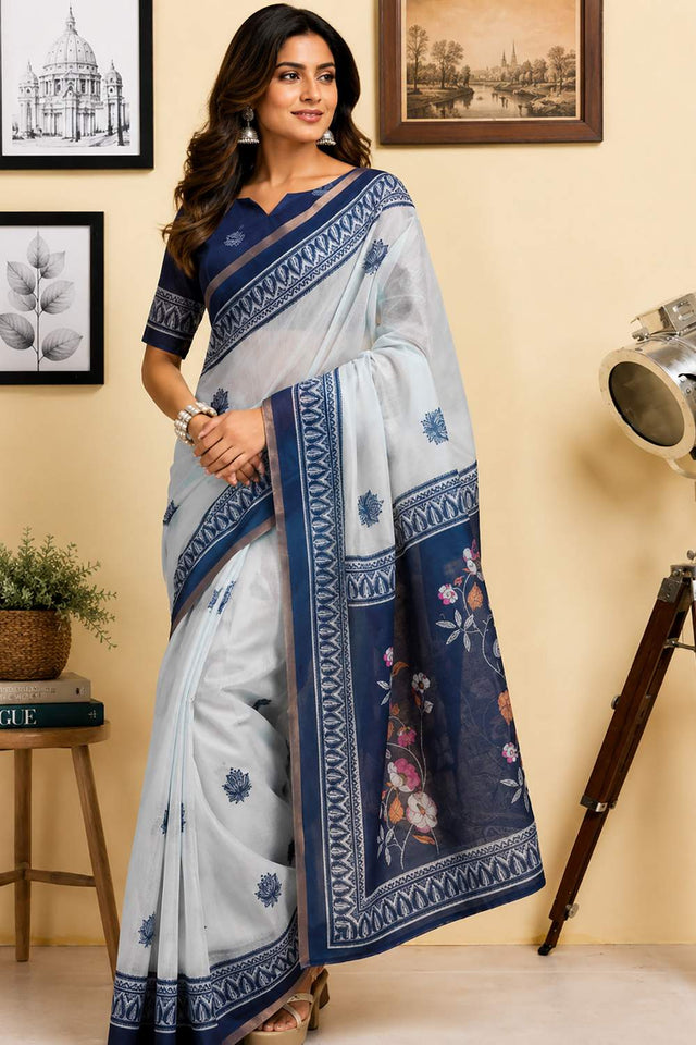 Navy Blue Floral Printed Chanderi Cotton Ready To Wear Saree (HT1914)