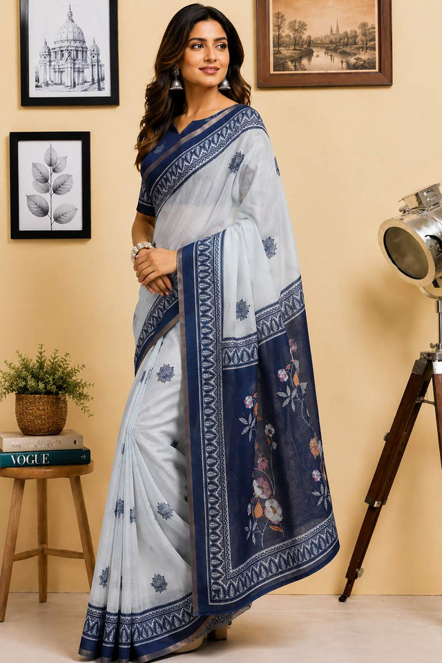 Navy Blue Floral Printed Chanderi Cotton Ready To Wear Saree (HT1914)