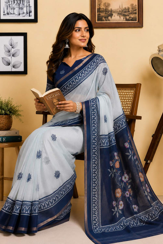 Navy Blue Floral Printed Chanderi Cotton Ready To Wear Saree (HT1914)