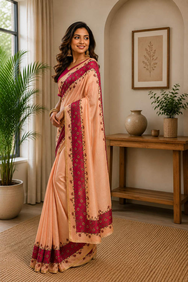 Peach Printed Chanderi Cotton Ready To Wear Saree (HT1916)