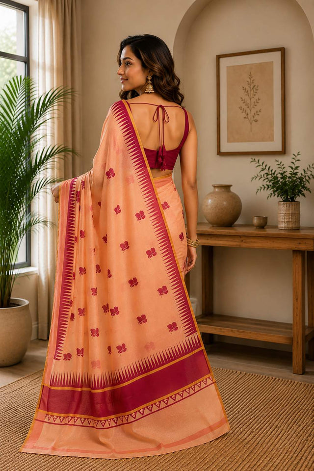 Orange Floral Printed Chanderi Cotton Ready To Wear Saree (HT1917)