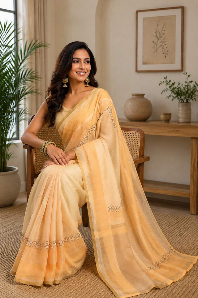 Cream Floral Printed Chanderi Cotton Ready To Wear Saree (HT1919)
