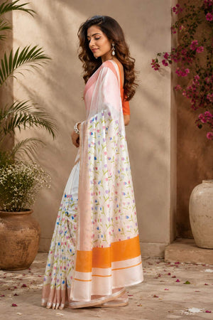 White Floral Printed Chanderi Cotton Ready To Wear Saree (HT1920)