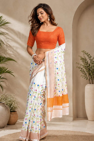 White Floral Printed Chanderi Cotton Ready To Wear Saree (HT1920)