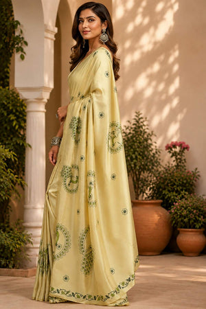 Cream Printed Chanderi Cotton Ready To Wear Saree (HT2001)