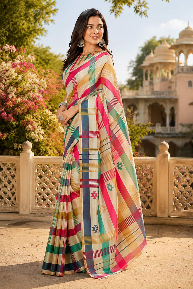 Multi Color Checkered Printed Chanderi Cotton Ready To Wear Saree (HT2002)