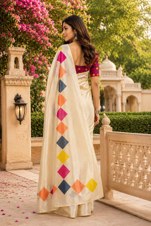 Cream Solid Chanderi Cotton Ready To Wear Saree (HT2003)