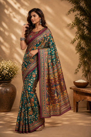 Green Floral Printed Chanderi Cotton Ready To Wear Saree (HT2004)