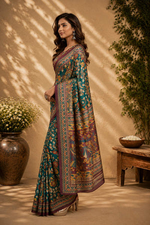 Green Floral Printed Chanderi Cotton Ready To Wear Saree (HT2004)