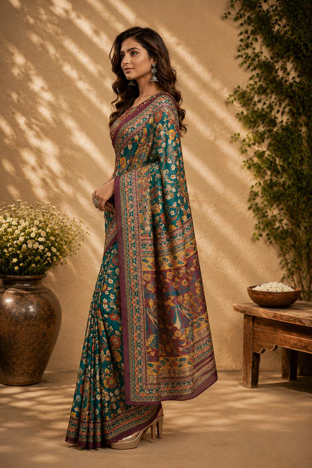 Green Floral Printed Chanderi Cotton Ready To Wear Saree (HT2004)