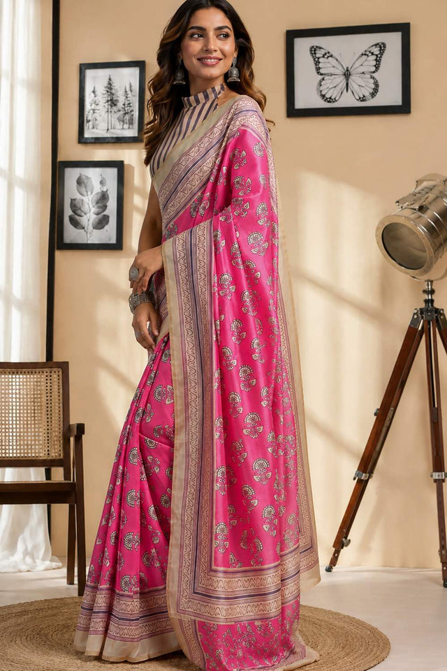 Pink Floral Printed Chanderi Cotton Ready To Wear Saree (HT2005)