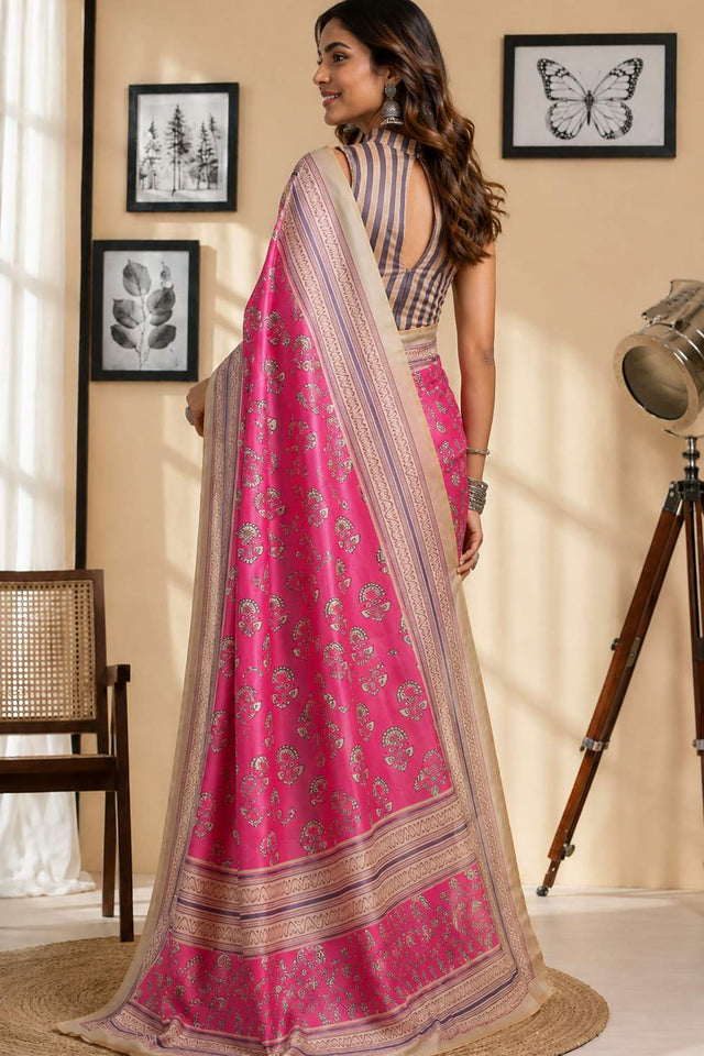Pink Floral Printed Chanderi Cotton Ready To Wear Saree (HT2005)