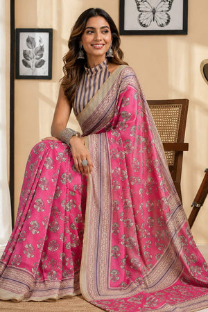 Pink Floral Printed Chanderi Cotton Ready To Wear Saree (HT2005)