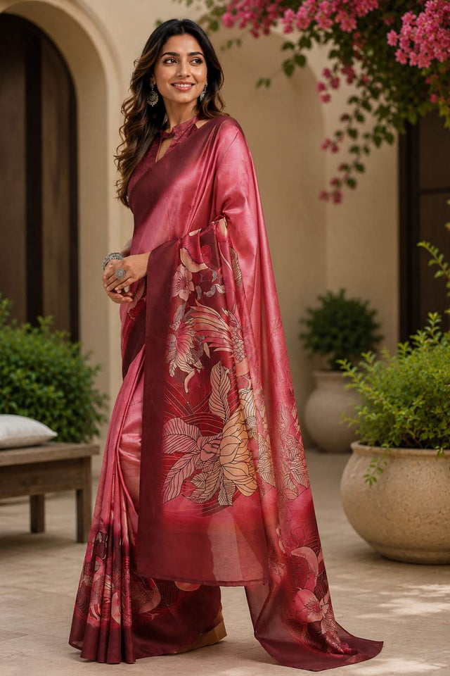 Pink Floral Printed Chanderi Cotton Ready To Wear Saree (HT2006)