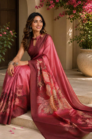 Pink Floral Printed Chanderi Cotton Ready To Wear Saree (HT2006)