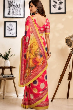 Pink Polka Dot Printed Chanderi Cotton Ready To Wear Saree (HT2007)