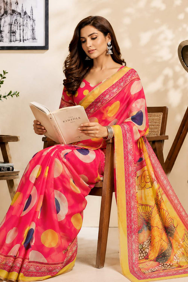 Pink Polka Dot Printed Chanderi Cotton Ready To Wear Saree (HT2007)