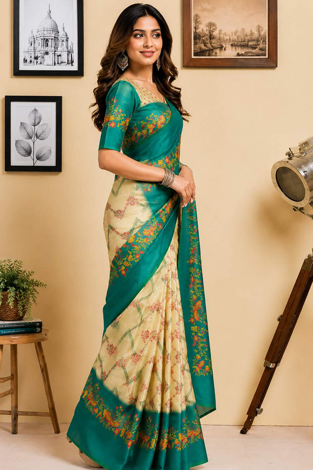 Green Floral Printed Chanderi Cotton Ready To Wear Saree (HT2008)