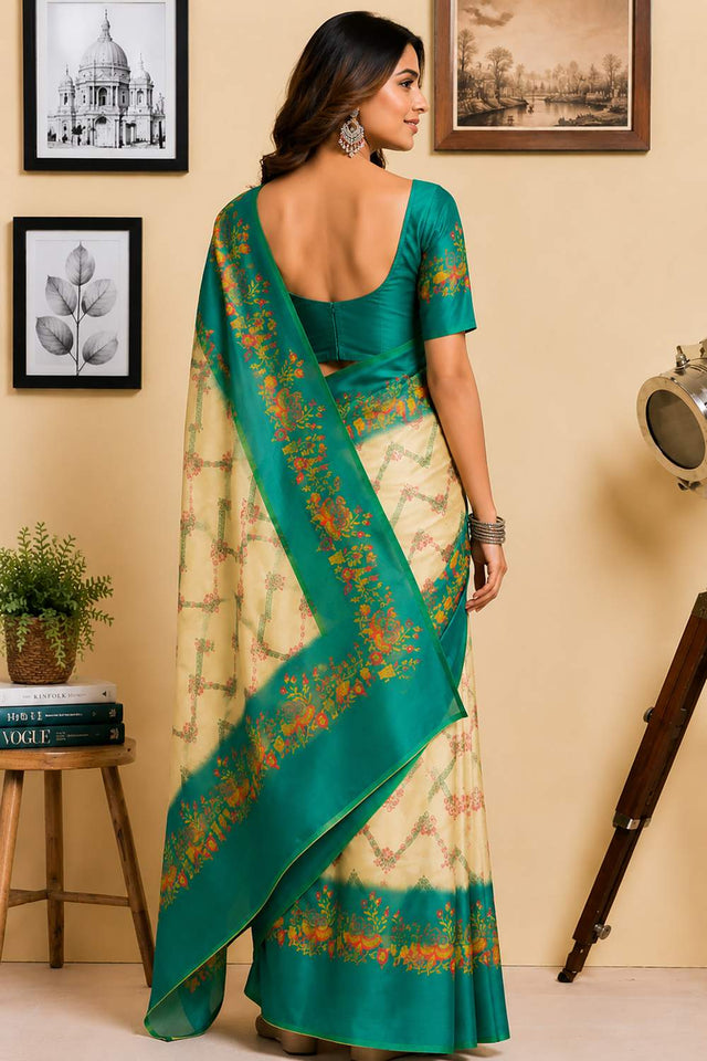 Green Floral Printed Chanderi Cotton Ready To Wear Saree (HT2008)
