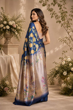 Navy Blue Floral Printed Chanderi Cotton Ready To Wear Saree (HT2010)