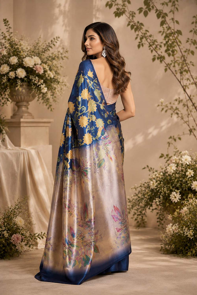 Navy Blue Floral Printed Chanderi Cotton Ready To Wear Saree (HT2010)