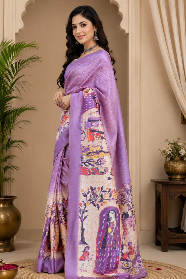 Lavender Floral Printed Chanderi Cotton Ready To Wear Saree (HT2102)