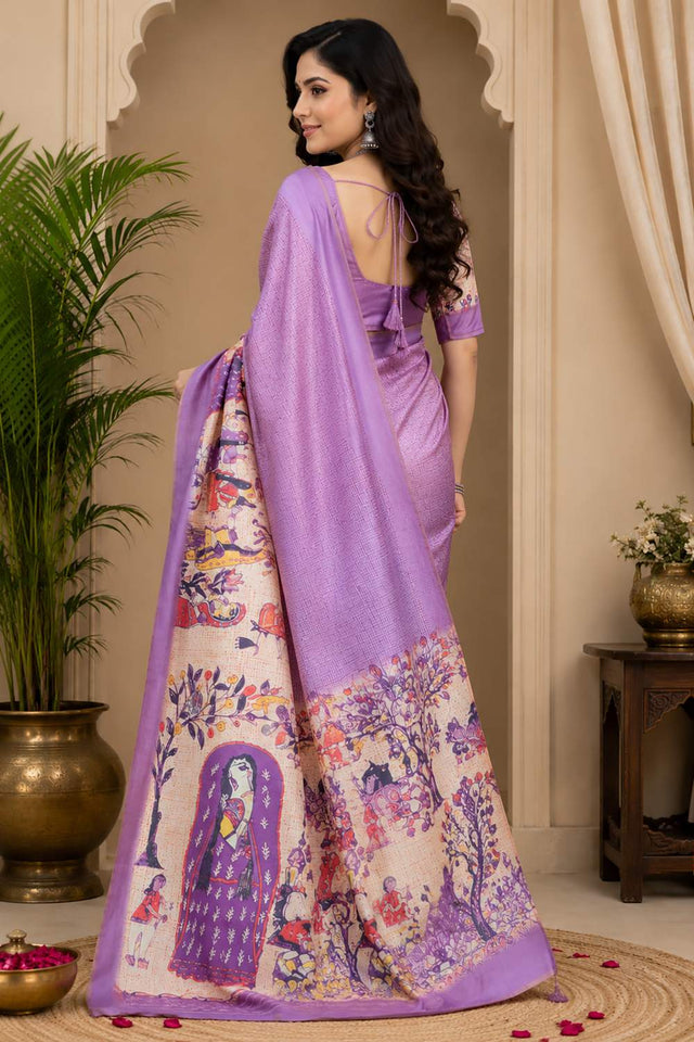 Lavender Floral Printed Chanderi Cotton Ready To Wear Saree (HT2102)