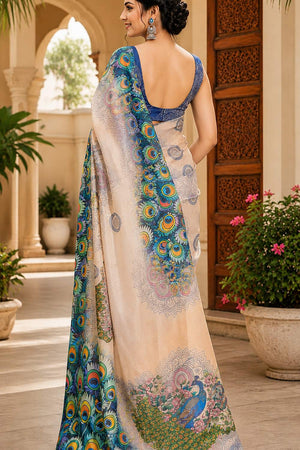 Cream Printed Chanderi Cotton Ready To Wear Saree (HT2103)