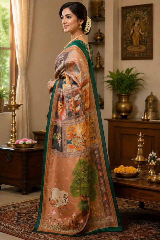 Multi Color Printed Chanderi Cotton Ready To Wear Saree (HT2104)