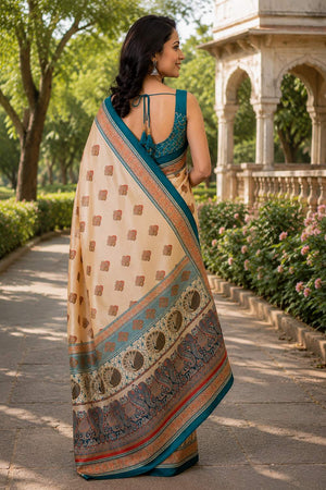Beige Geomatric Printed Chanderi Cotton Ready To Wear Saree (HT2105)