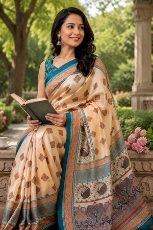Beige Geomatric Printed Chanderi Cotton Ready To Wear Saree (HT2105)