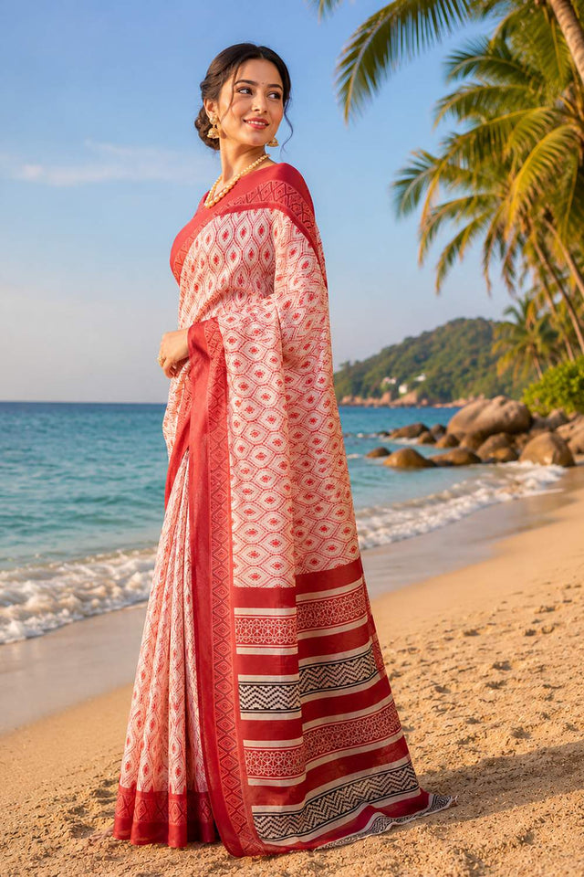 Off White Ikat Printed Chanderi Cotton Ready To Wear Saree (HT2106)