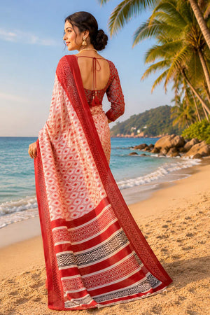 Off White Ikat Printed Chanderi Cotton Ready To Wear Saree (HT2106)
