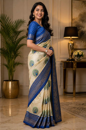 Cream Printed Chanderi Cotton Ready To Wear Saree (HT2107)