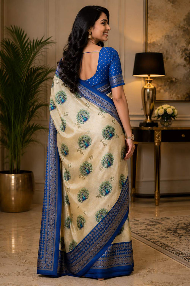 Cream Printed Chanderi Cotton Ready To Wear Saree (HT2107)