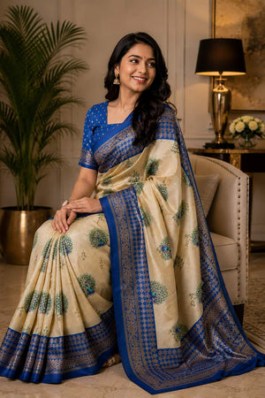Cream Printed Chanderi Cotton Ready To Wear Saree (HT2107)