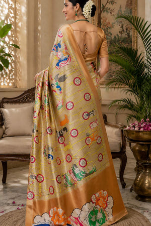 Beige Kalamkari Printed Chanderi Cotton Ready To Wear Saree (HT2108)