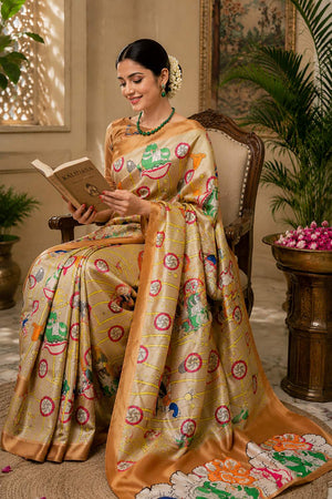 Beige Kalamkari Printed Chanderi Cotton Ready To Wear Saree (HT2108)