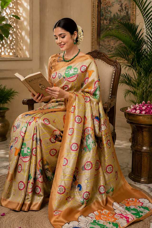 Beige Kalamkari Printed Chanderi Cotton Ready To Wear Saree (HT2108)