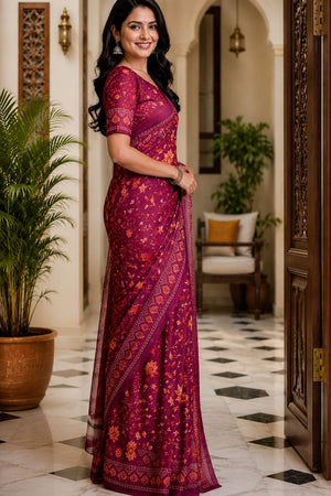 Wine Floral Printed Chanderi Cotton Ready To Wear Saree (HT2109)