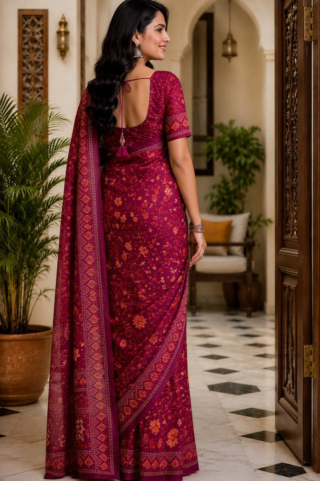 Wine Floral Printed Chanderi Cotton Ready To Wear Saree (HT2109)