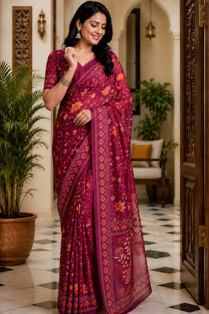 Wine Floral Printed Chanderi Cotton Ready To Wear Saree (HT2109)