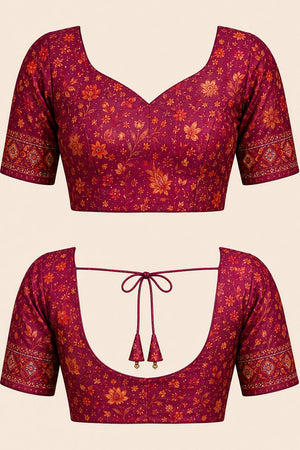 Wine Floral Printed Chanderi Cotton Ready To Wear Saree (HT2109)