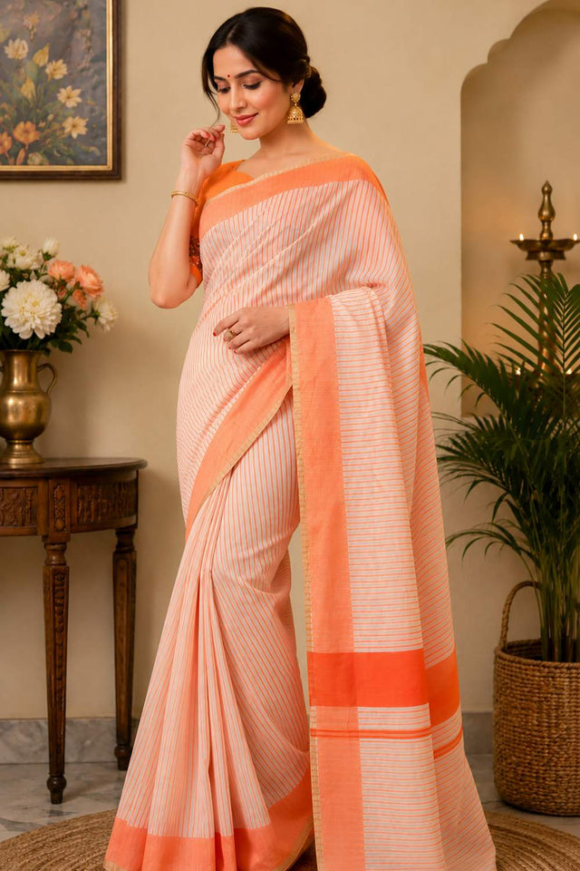 Multi Color Striped Printed Chanderi Cotton Ready To Wear Saree (HT2110)