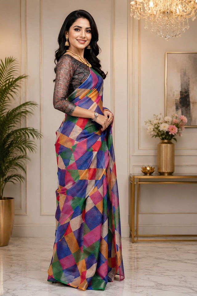 Multi Color Checkered Printed Chanderi Cotton Ready To Wear Saree (HT2111)