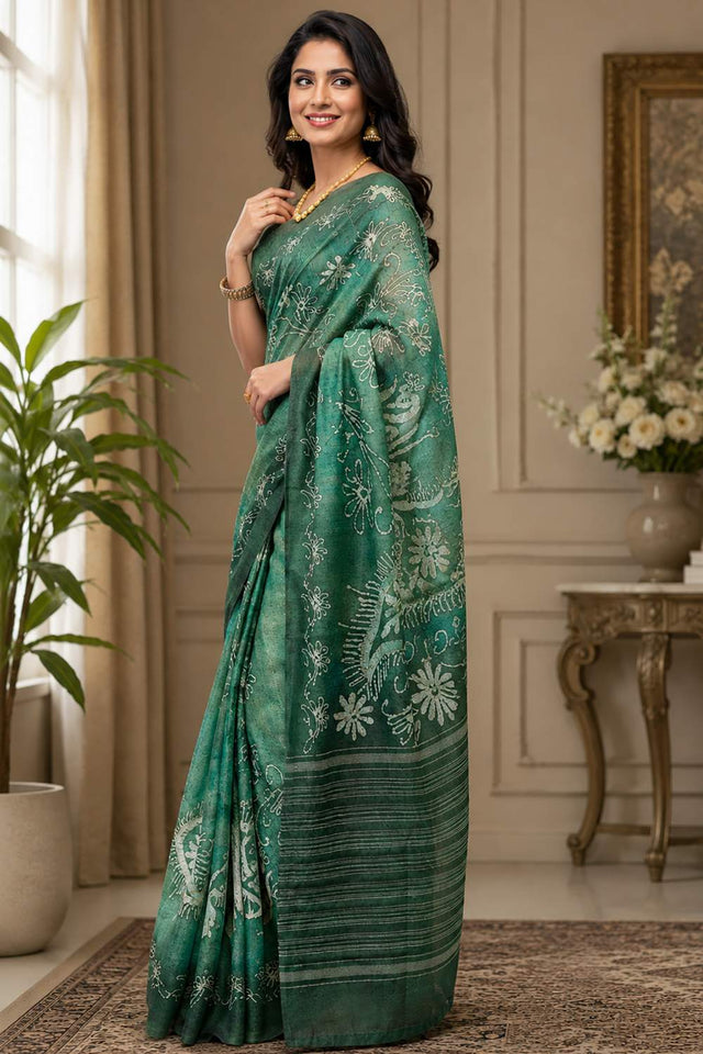Green Printed Chanderi Cotton Ready To Wear Saree (HT2112)