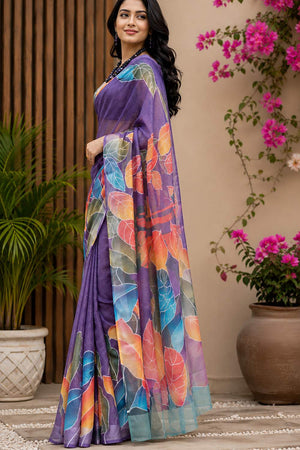 Purple Printed Chanderi Cotton Ready To Wear Saree (HT2113)