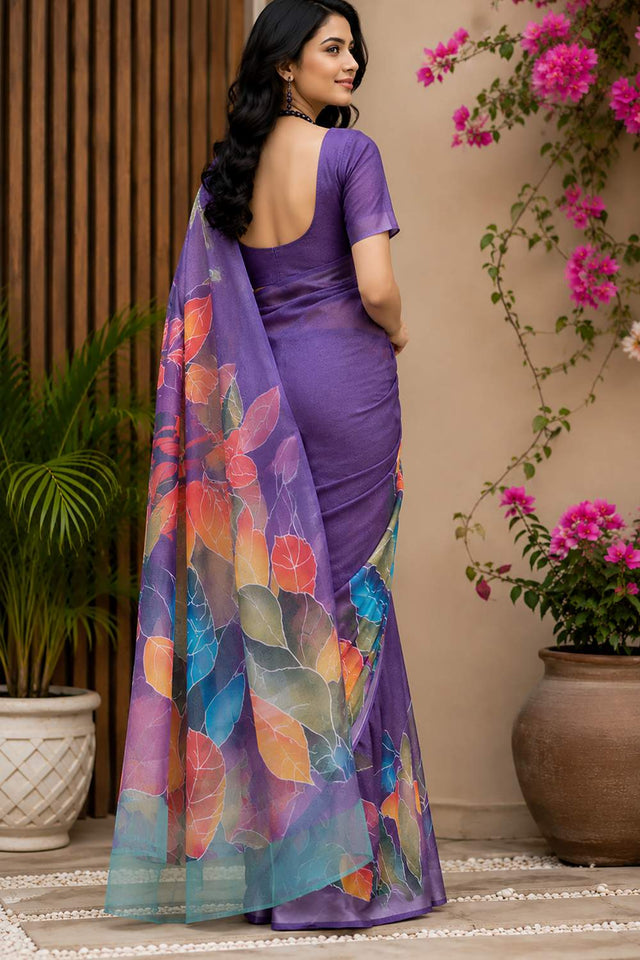 Purple Printed Chanderi Cotton Ready To Wear Saree (HT2113)