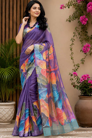 Purple Printed Chanderi Cotton Ready To Wear Saree (HT2113)