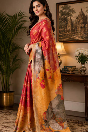 Multi Color Floral Printed Chanderi Cotton Ready To Wear Saree (HT2114)